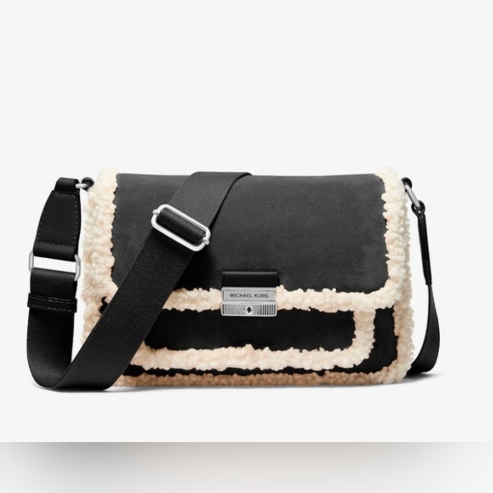 NWT Michael Kors Bradshaw Suede & Faux Shearling Messenger Bag - Picture 1 of 14